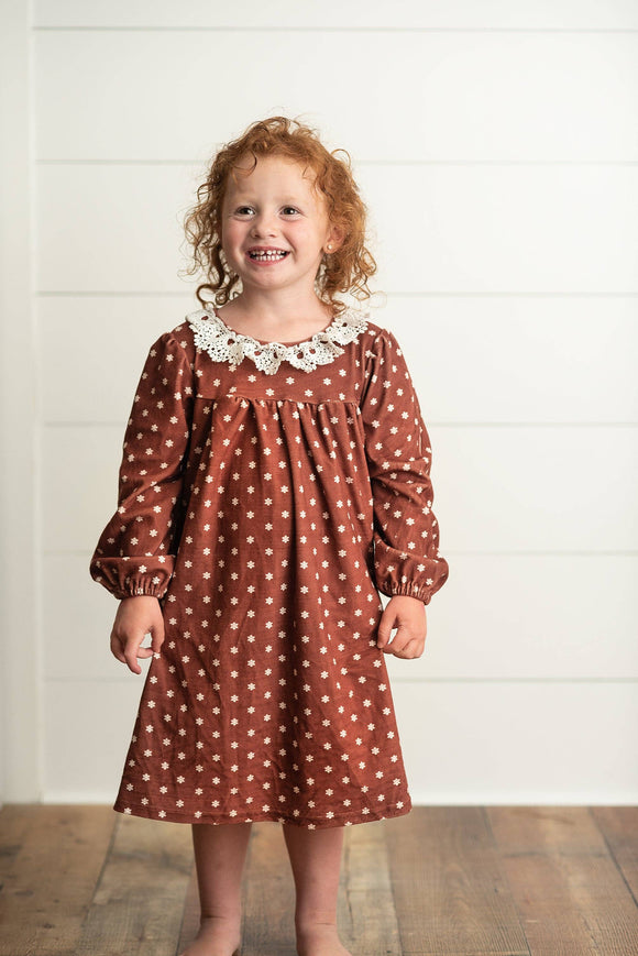 Wren & James - Kids Cream & Coffee Flower Velvet Lace Collar Fall Dress