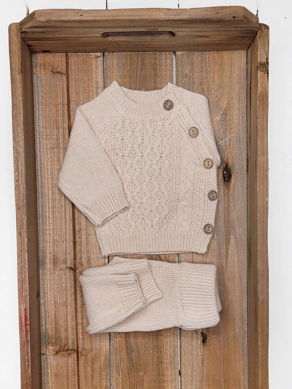 OLIVE & CRADLE - Sasha Cotton Knit 2pc Shirt and pants Baby Outfit Set: Sand / NB (6-9lbs)