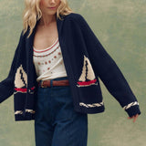 Lily Clothing - Fashionable retro art lapel knitted cardigan: NAVY / (XL) 1