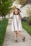 Cream & Black Stripe Long Puff Sleeve Ruffle Dress