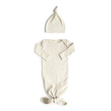 Ribbed Knotted Baby Gown + Beanie Set-Ivory