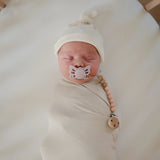 Ribbed Knotted Baby Gown + Beanie Set-Ivory