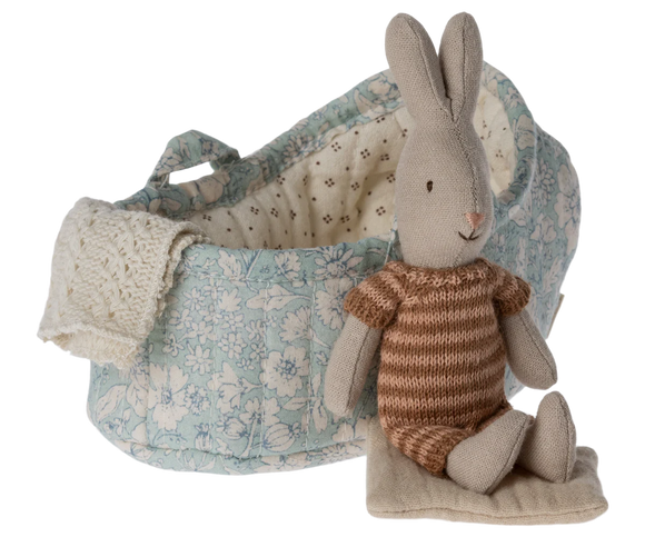 Maileg Rabbit in carry cot, Micro- Maroon