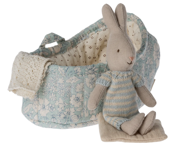 Maileg Rabbit in carry cot, Micro- Mint