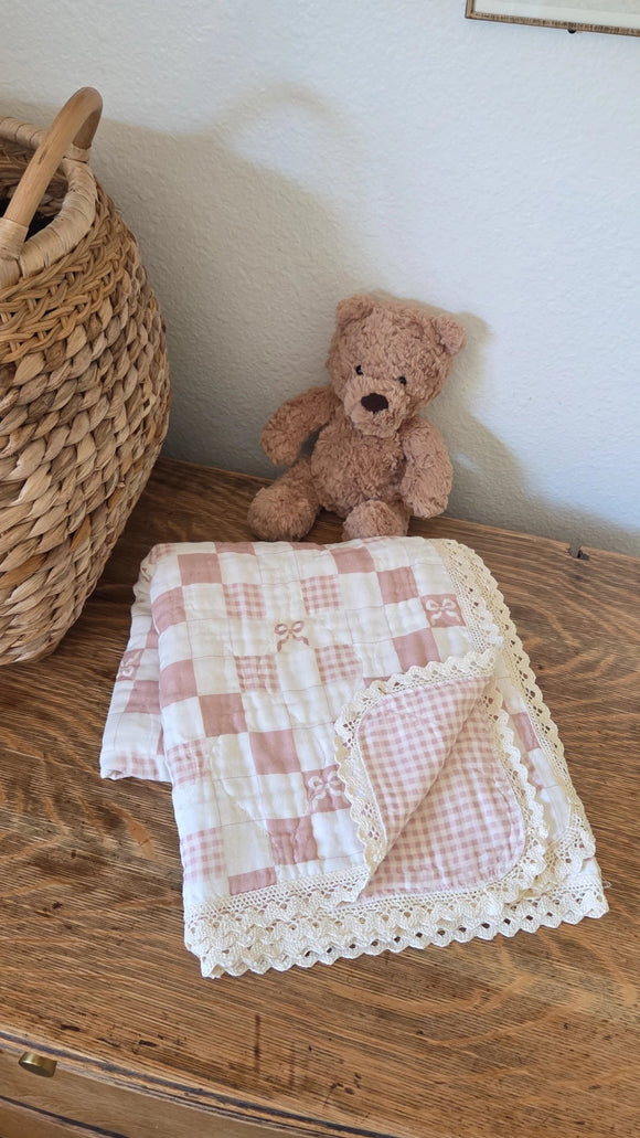 Pink Bows and Gingham QUILTED 6 Layer Gauze Blanke