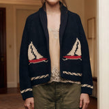 Lily Clothing - Fashionable retro art lapel knitted cardigan: NAVY / (XL) 1