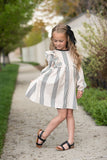 Cream & Black Stripe Long Puff Sleeve Ruffle Dress