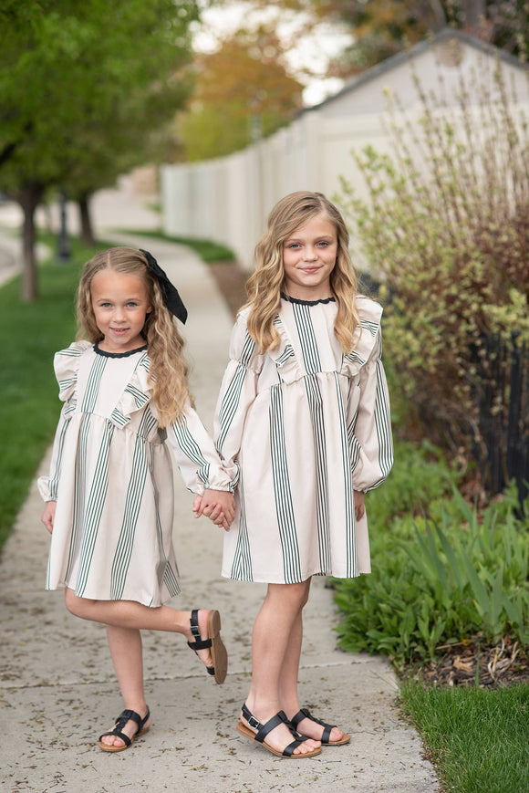 Wren & James - Kids Cream & Black Stripe Long Puff Sleeve Ruffle Fall Dress: 5/6