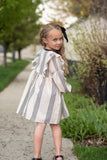 Cream & Black Stripe Long Puff Sleeve Ruffle Dress