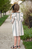 Cream & Black Stripe Long Puff Sleeve Ruffle Dress